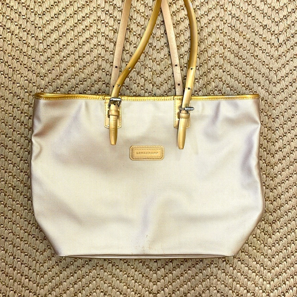 Longchamp Gold Nylon Tote with Tan Leather Straps